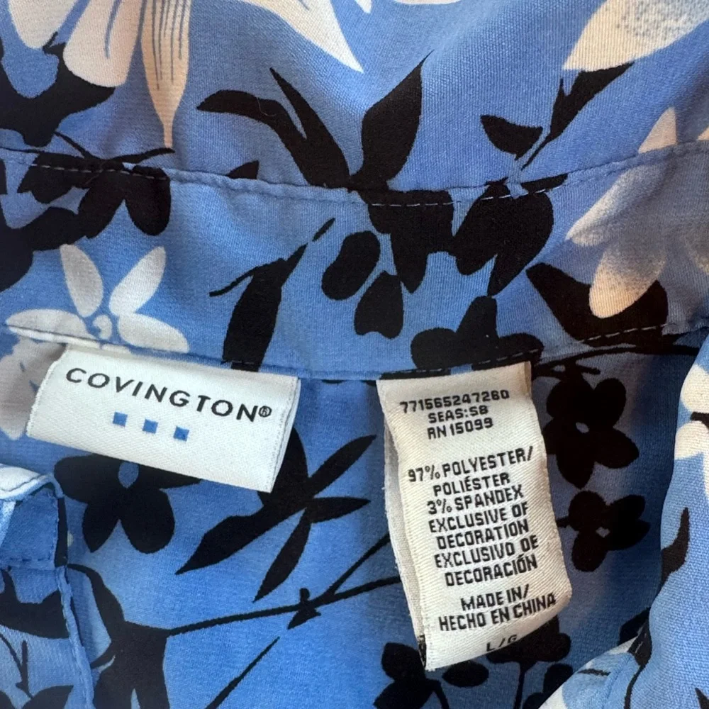 Covington Blue Floral Button Down Blouse L 3/4 Sleeve Stretch Career Top - Picture 9 of 9